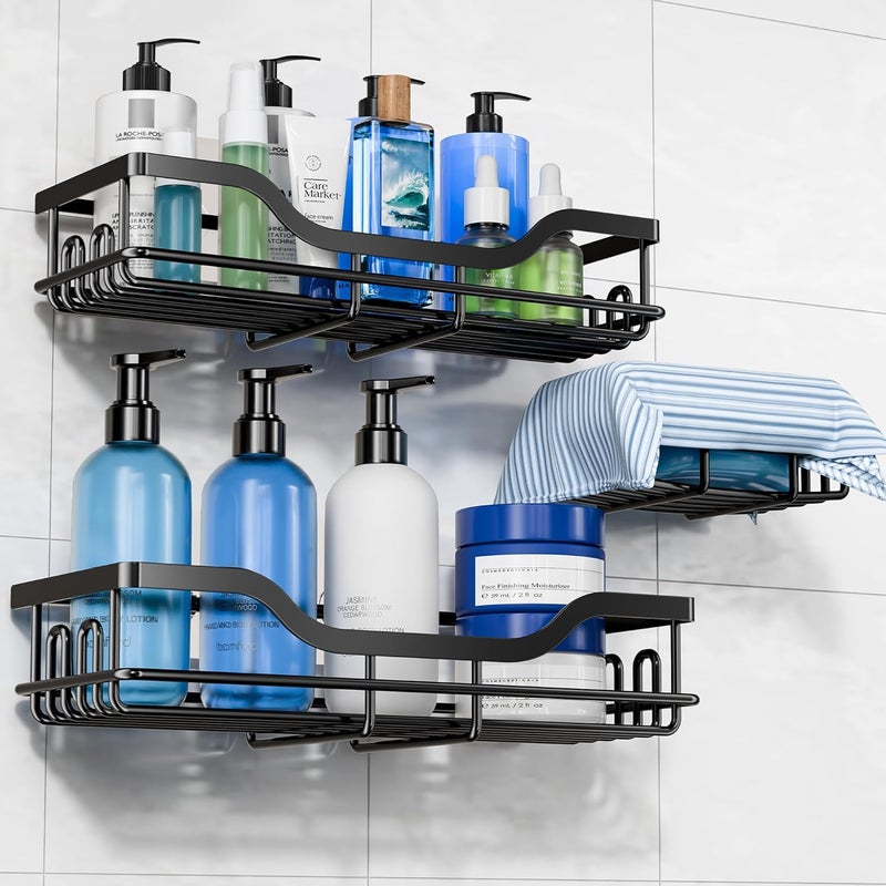 OMAIRA 3-Pack Shower Caddy with Soap Holder, Adhesive Rustproof No-drill Strudy Loading Inside Shower Organizer Shelves Rack Storage Bathroom Organization for Smooth Wall Glass Tile, Black (Large) - Image 1